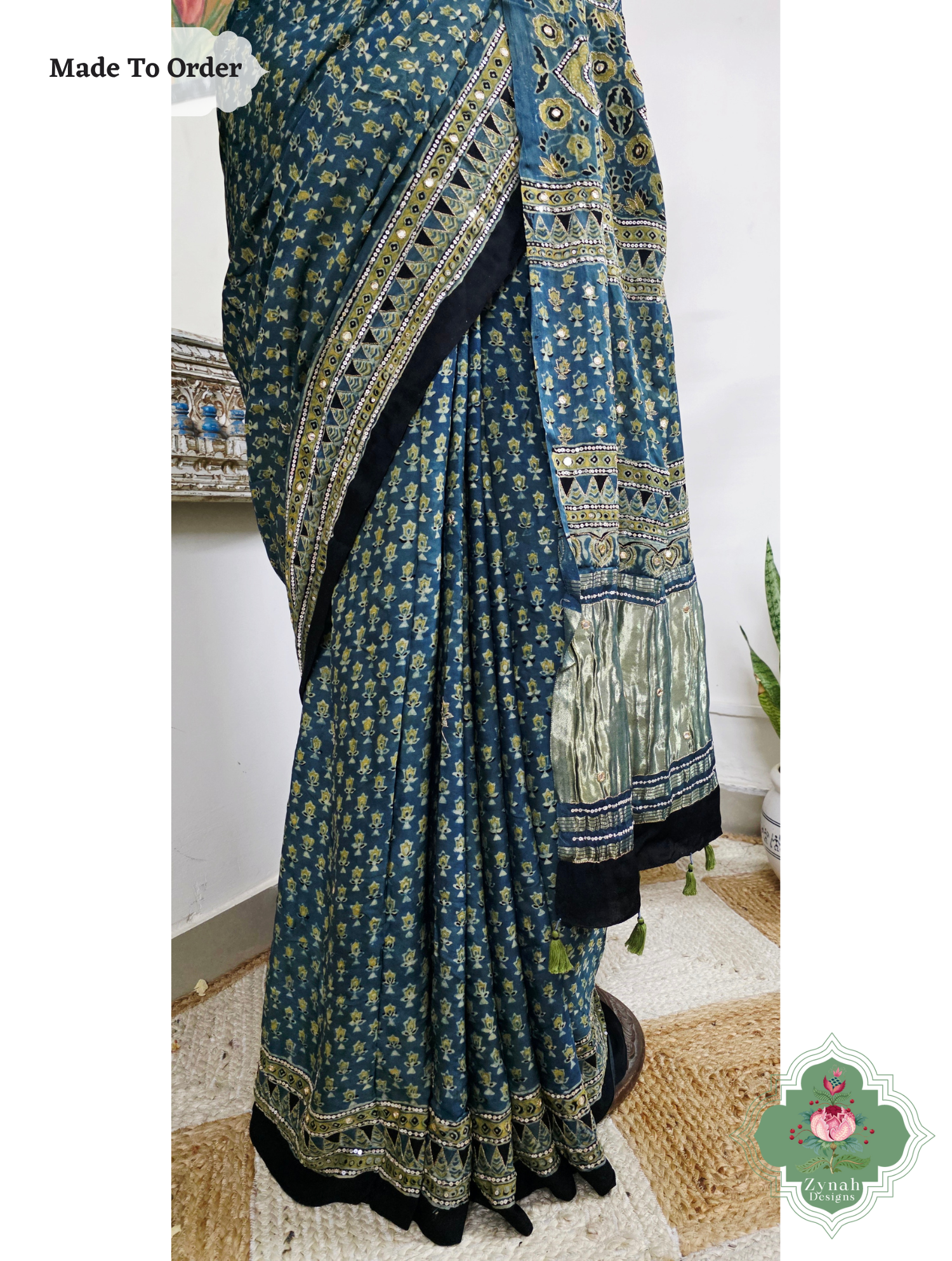 Zynah Made To Order Indigo Ajrakh Modal Silk Saree With Lagdi Patta Pallu & Hand Embellishments; Custom Stitched/Ready-made Blouse, Fall, Petticoat; SKU:1909202508