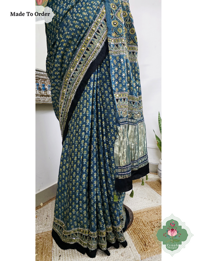 Zynah Made To Order Indigo Ajrakh Modal Silk Saree With Lagdi Patta Pallu & Hand Embellishments; Custom Stitched/Ready-made Blouse, Fall, Petticoat; SKU:1909202508