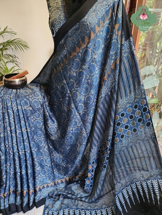 Zynah Made To Order Indigo Ajrakh Modal Silk Saree Crafted Using The Traditional Method Of Hand Block Printing Using 100% Natural Dyes; Custom Stitched/Ready-made Blouse, Fall, Petticoat; SKU:1103202604