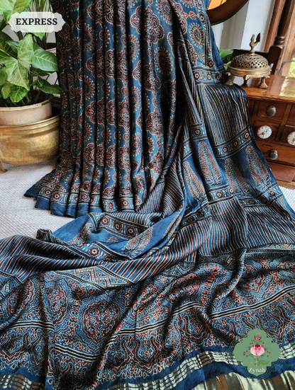 Indigo Ajrakh Modal Silk Saree With Lagdi Patta On Pallu, Crafted Using The Traditional Method Of Hand Block Printing Using 100% Natural Dyes