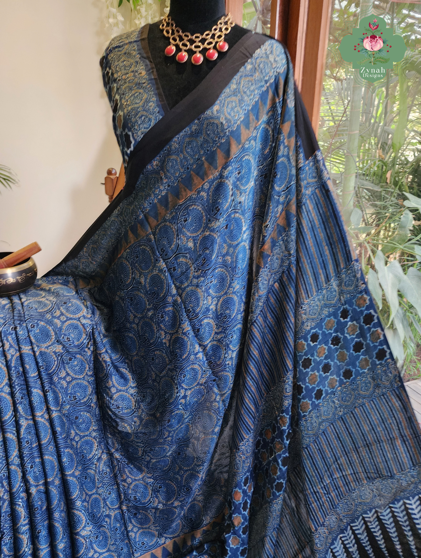 Zynah Nīl Daastaan – Indigo Pure Modal Silk Saree with Traditional Ajrakh Hand Block Print