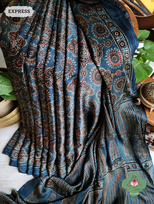 Indigo Ajrakh Modal Silk Saree With Lagdi Patta On Pallu, Crafted Using The Traditional Method Of Hand Block Printing Using 100% Natural Dyes