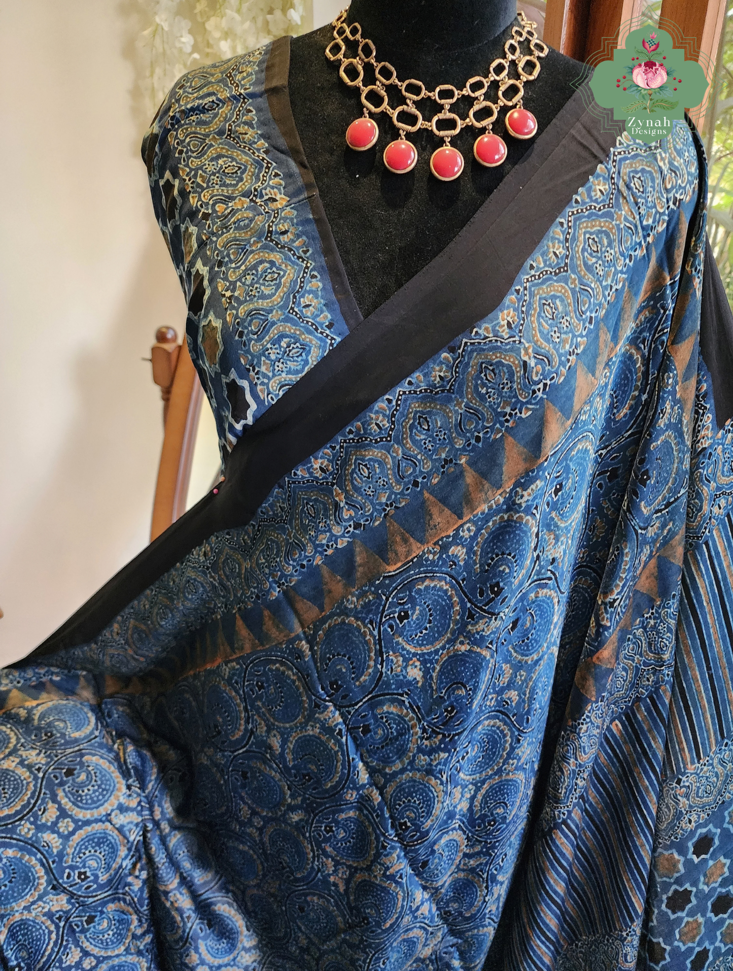 Zynah Nīl Daastaan – Indigo Pure Modal Silk Saree with Traditional Ajrakh Hand Block Print