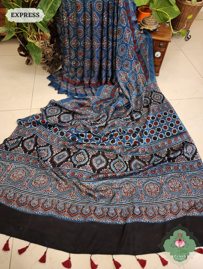 Indigo Modal Silk Saree Crafted Using The Traditional Method Of Hand Block Printing Using 100% Natural Dyes 1