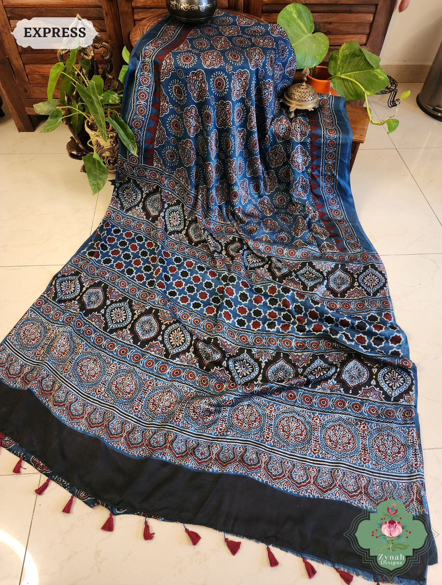 Indigo Modal Silk Saree Crafted Using The Traditional Method Of Hand Block Printing Using 100% Natural Dyes 8