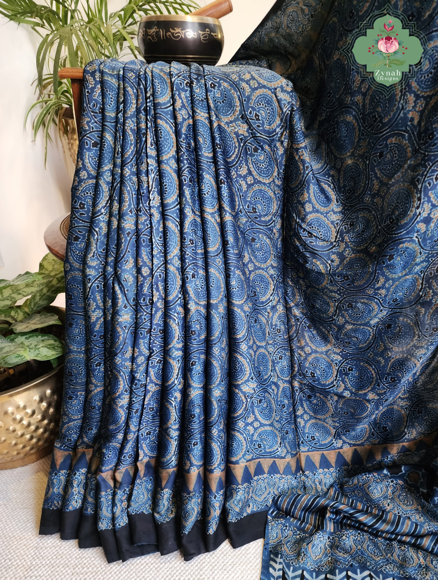Zynah Nīl Daastaan – Indigo Pure Modal Silk Saree with Traditional Ajrakh Hand Block Print