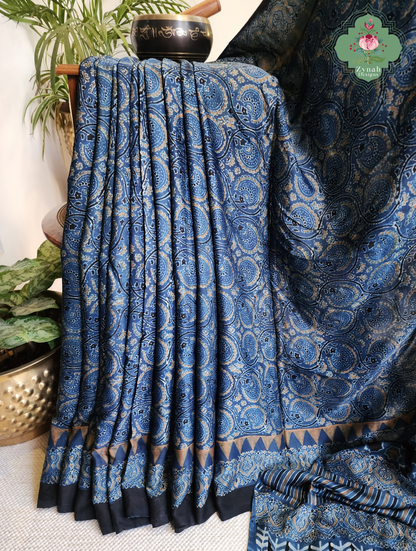 Zynah Nīl Daastaan – Indigo Pure Modal Silk Saree with Traditional Ajrakh Hand Block Print