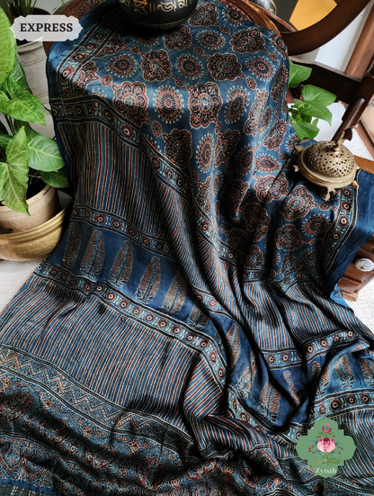 Indigo Ajrakh Modal Silk Saree With Lagdi Patta On Pallu, Crafted Using The Traditional Method Of Hand Block Printing Using 100% Natural Dyes
