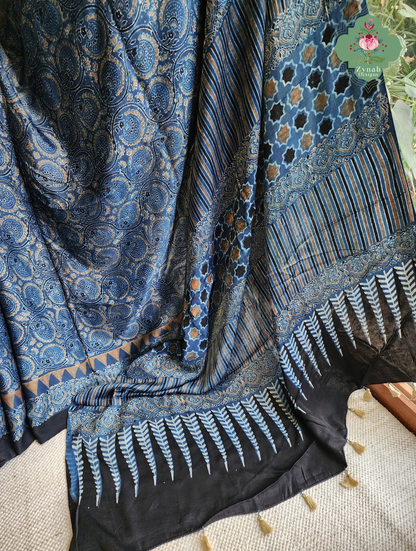 Zynah Nīl Daastaan – Indigo Pure Modal Silk Saree with Traditional Ajrakh Hand Block Print