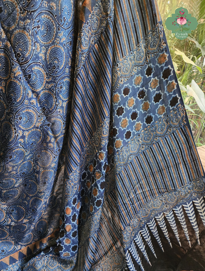 Zynah Nīl Daastaan – Indigo Pure Modal Silk Saree with Traditional Ajrakh Hand Block Print