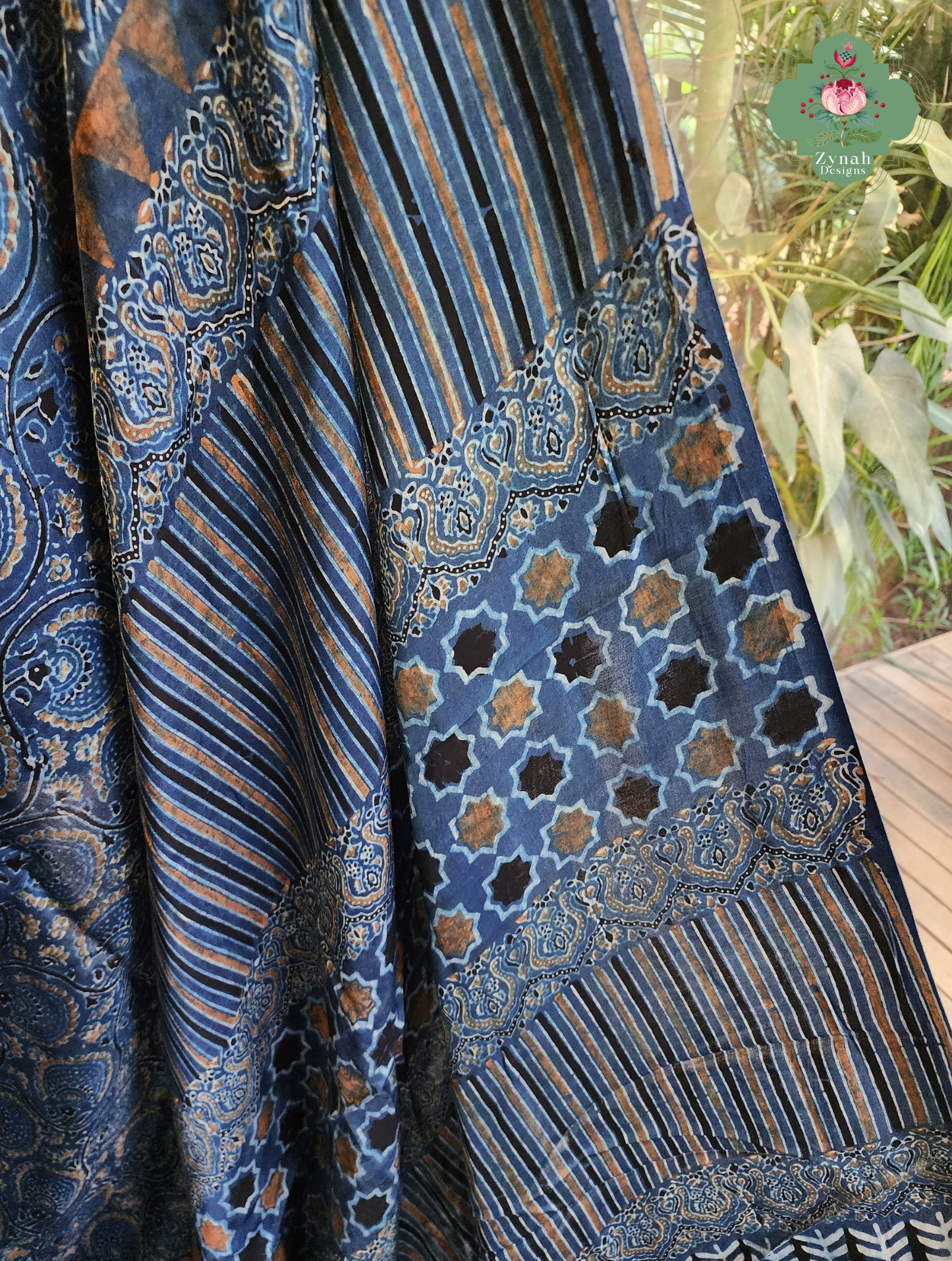 Zynah Nīl Daastaan – Indigo Pure Modal Silk Saree with Traditional Ajrakh Hand Block Print