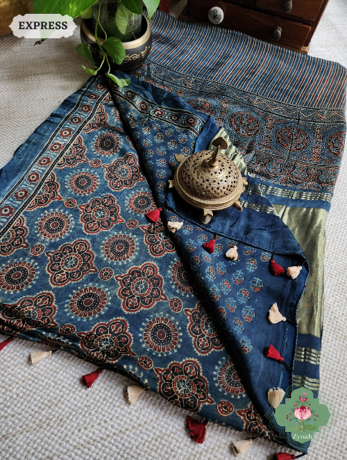 Indigo Ajrakh Modal Silk Saree With Lagdi Patta On Pallu, Crafted Using The Traditional Method Of Hand Block Printing Using 100% Natural Dyes