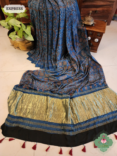 Indigo Ajrakh Modal Silk Saree Crafted Using The Traditional Method Of Hand Block Printing Using 100% Natural Dyes 1