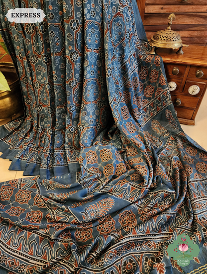 Indigo Ajrakh Modal Silk Saree Crafted Using The Traditional Method Of Hand Block Printing Using 100% Natural Dyes 4