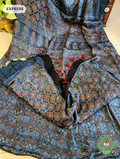Indigo Ajrakh Modal Silk Saree Crafted Using The Traditional Method Of Hand Block Printing Using 100% Natural Dyes 8