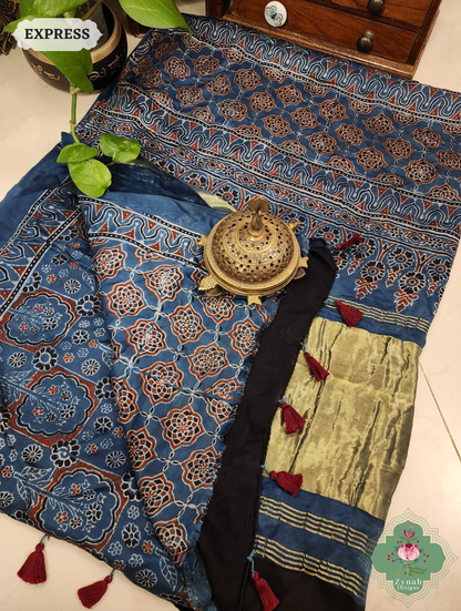 Indigo Ajrakh Modal Silk Saree Crafted Using The Traditional Method Of Hand Block Printing Using 100% Natural Dyes 9