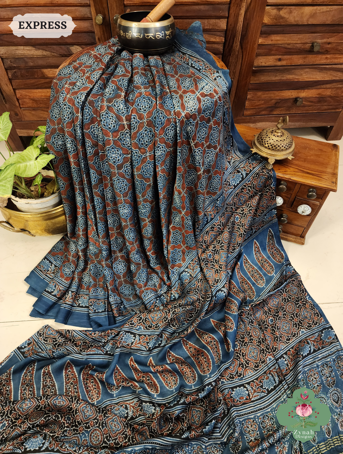 Indigo Ajrakh Modal Silk Saree Crafted Using The Traditional Method Of Hand Block Printing Using 100% Natural Dyes  3
