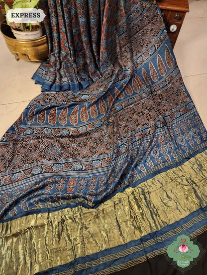 Indigo Ajrakh Modal Silk Saree Crafted Using The Traditional Method Of Hand Block Printing Using 100% Natural Dyes  4