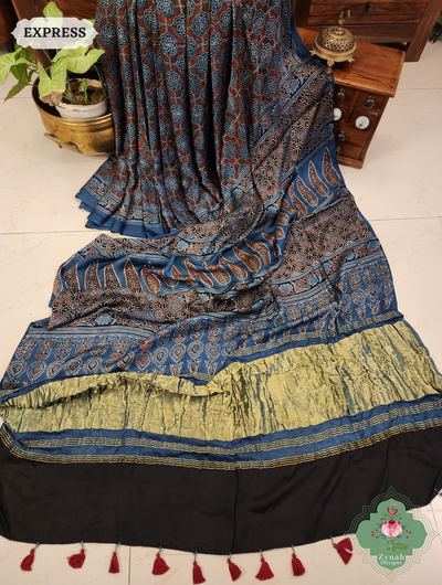 Indigo Ajrakh Modal Silk Saree Crafted Using The Traditional Method Of Hand Block Printing Using 100% Natural Dyes  1