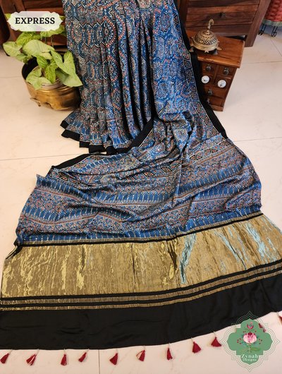 Indigo Ajrakh Modal Silk Saree Crafted Using The Traditional Method Of Hand Block Printing Using 100% Natural Dyes 1