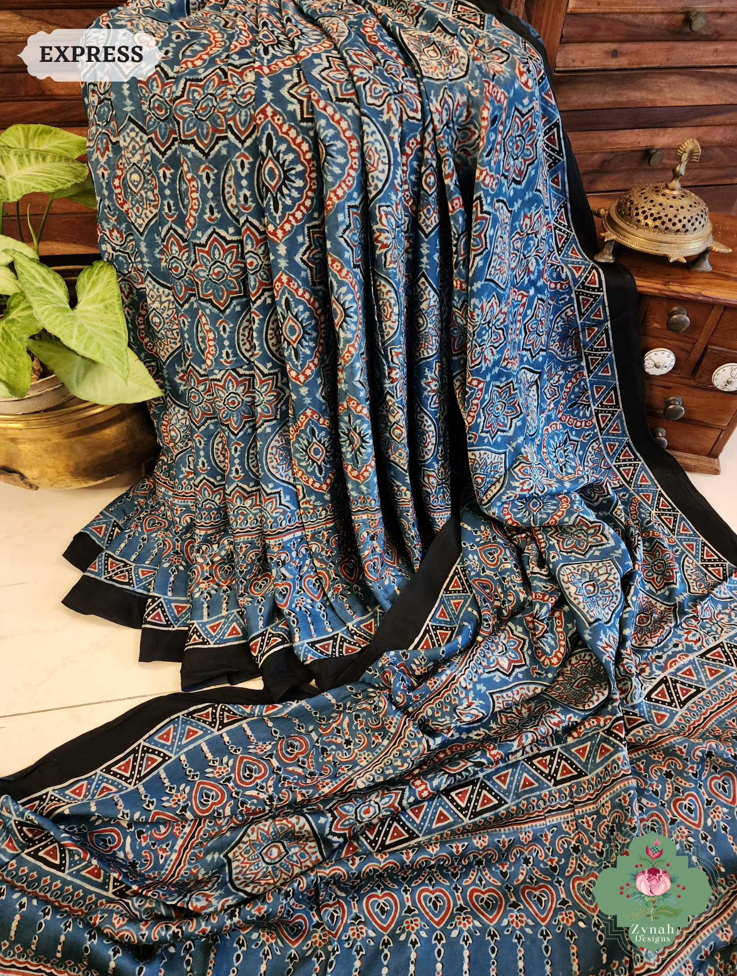 Indigo Ajrakh Modal Silk Saree Crafted Using The Traditional Method Of Hand Block Printing Using 100% Natural Dyes 3