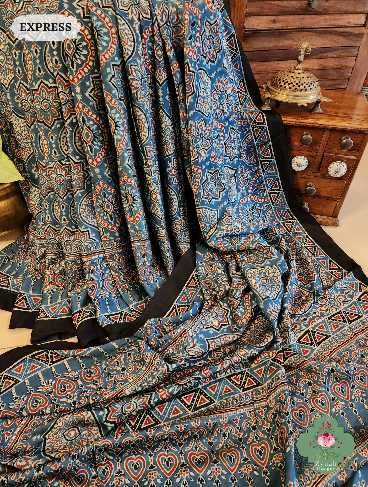 Indigo Ajrakh Modal Silk Saree Crafted Using The Traditional Method Of Hand Block Printing Using 100% Natural Dyes 4