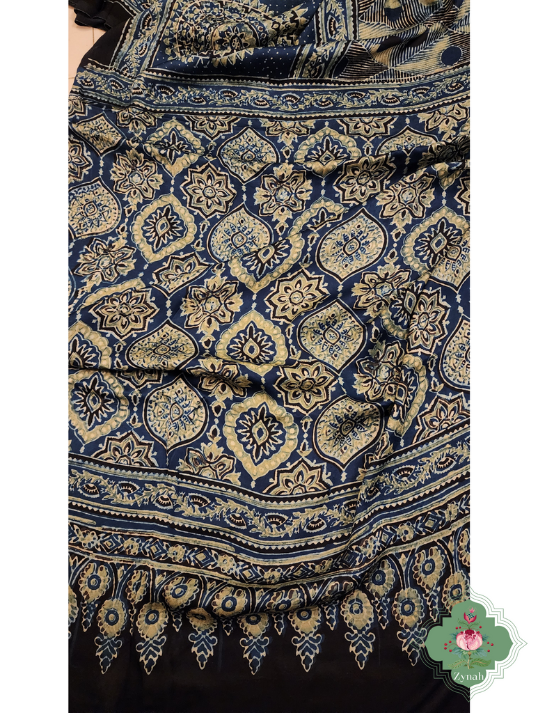 Indigo Ajrakh Modal Silk Saree With Skirt Border 10