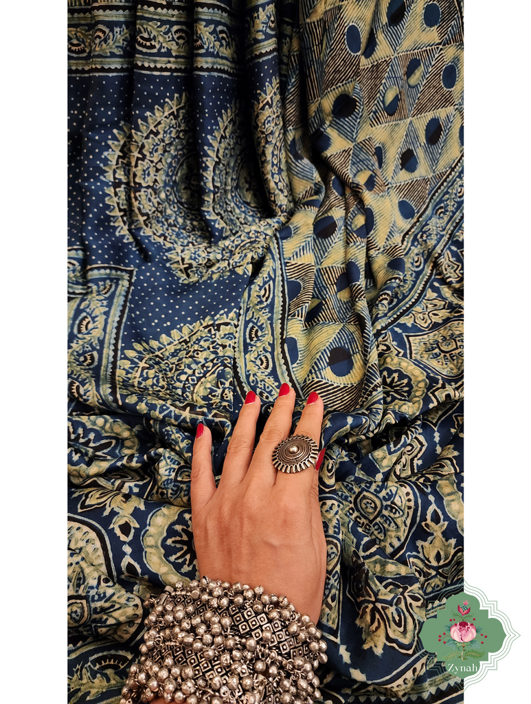 Indigo Ajrakh Modal Silk Saree With Skirt Border 11