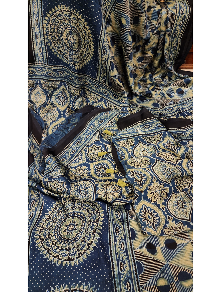 Zynah Indigo Ajrakh Modal Silk Saree With Skirt Border, Crafted Using The Traditional Method Of Hand Block Printing Using 100% Natural Dyes; Custom Stitched/Ready-made Blouse, Fall, Petticoat; SKU: 2001202404