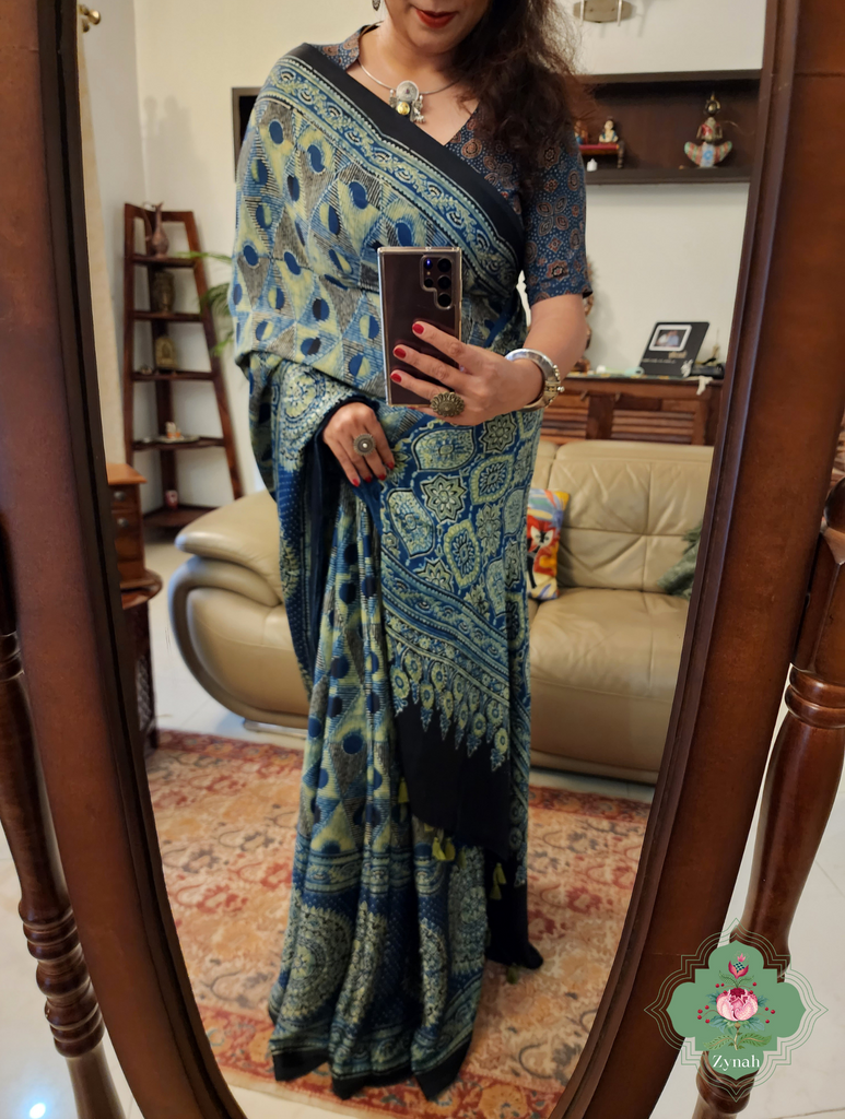 Indigo Ajrakh Modal Silk Saree With Skirt Border 1
