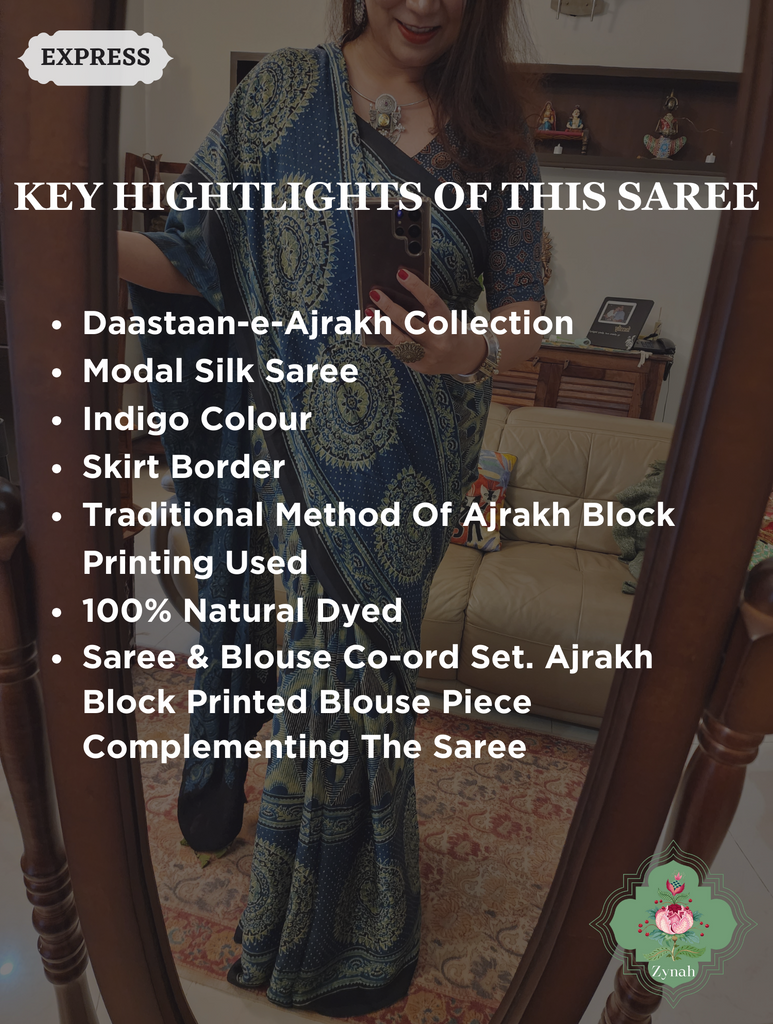 Indigo Ajrakh Modal Silk Saree With Skirt Border 2