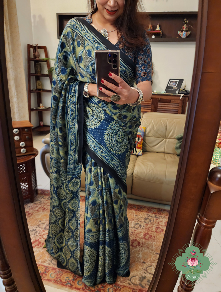 Indigo Ajrakh Modal Silk Saree With Skirt Border 3