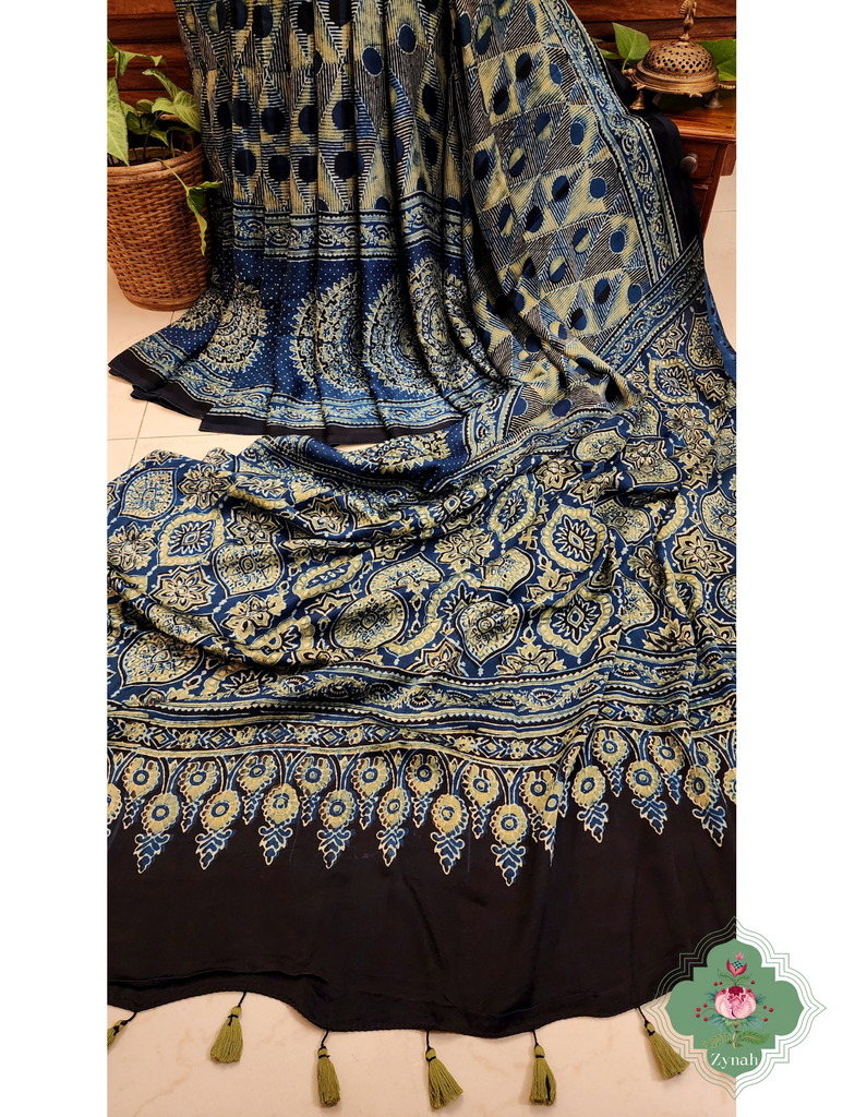 Indigo Ajrakh Modal Silk Saree With Skirt Border 5