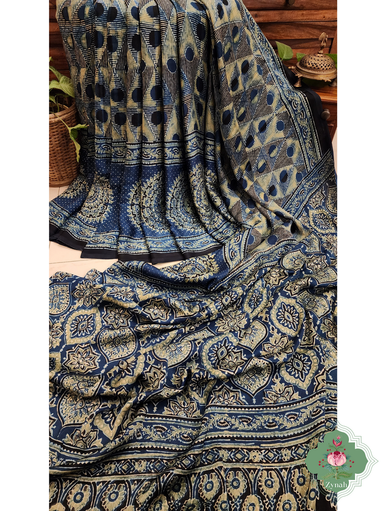 Indigo Ajrakh Modal Silk Saree With Skirt Border 6