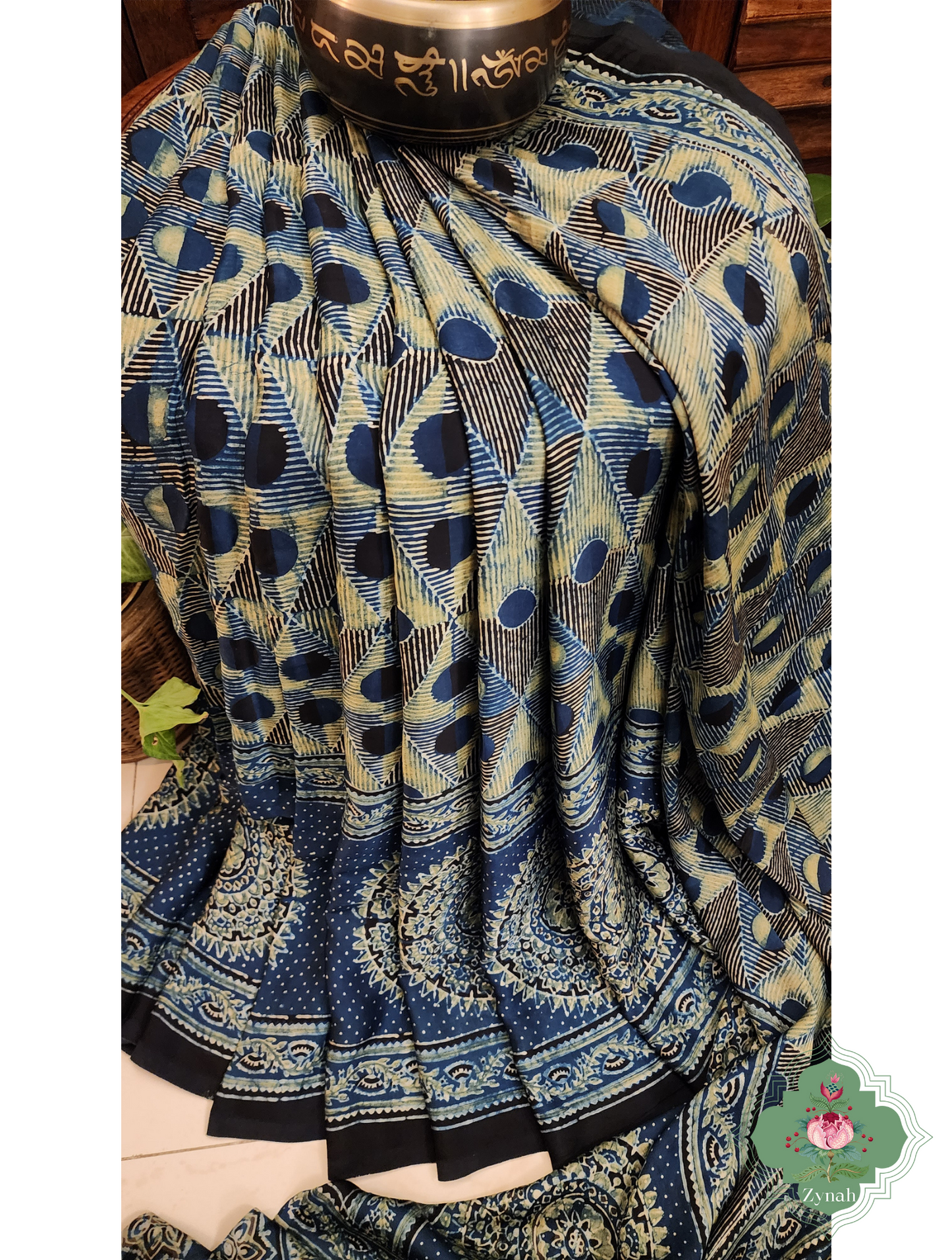 Indigo Ajrakh Modal Silk Saree With Skirt Border 7