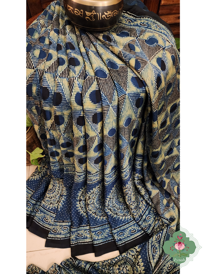 Indigo Ajrakh Modal Silk Saree With Skirt Border 7