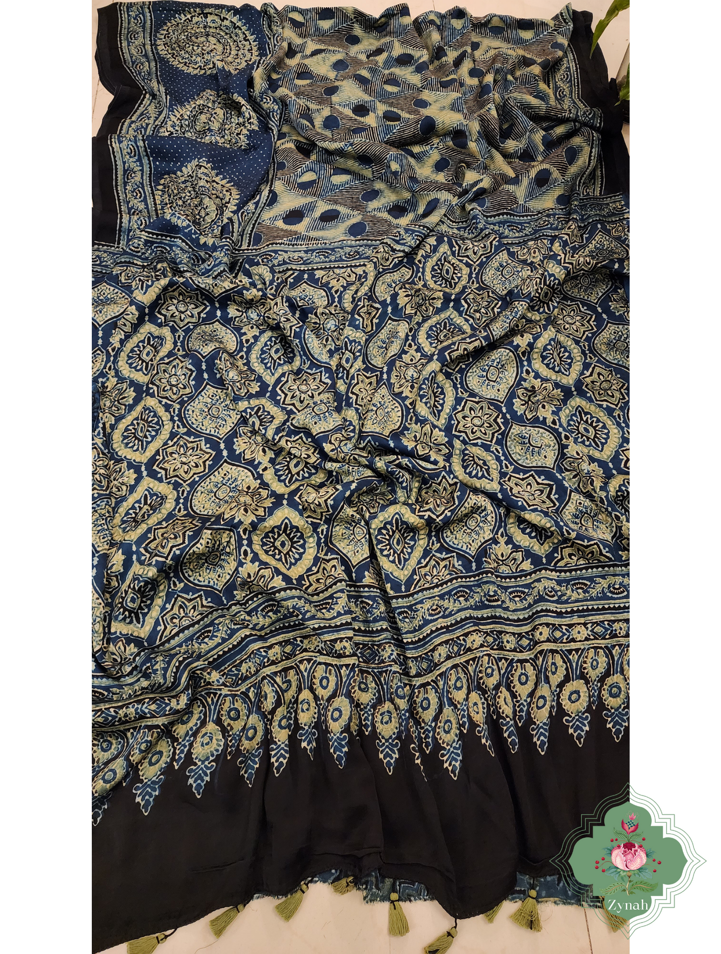 Indigo Ajrakh Modal Silk Saree With Skirt Border 9