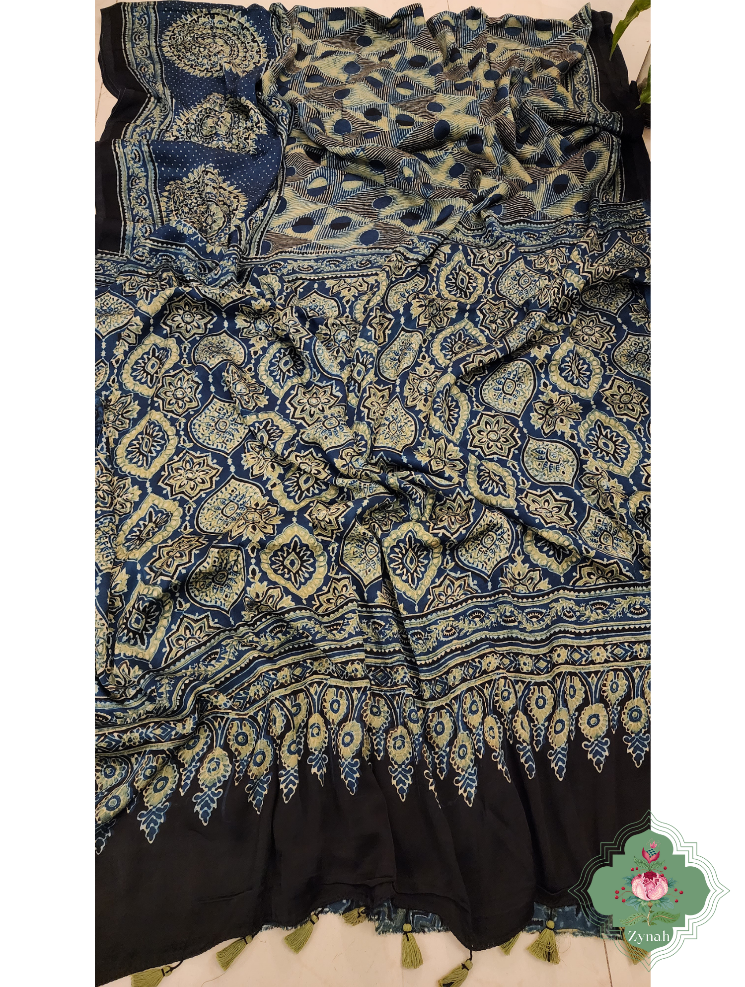 Indigo Ajrakh Modal Silk Saree With Skirt Border 9
