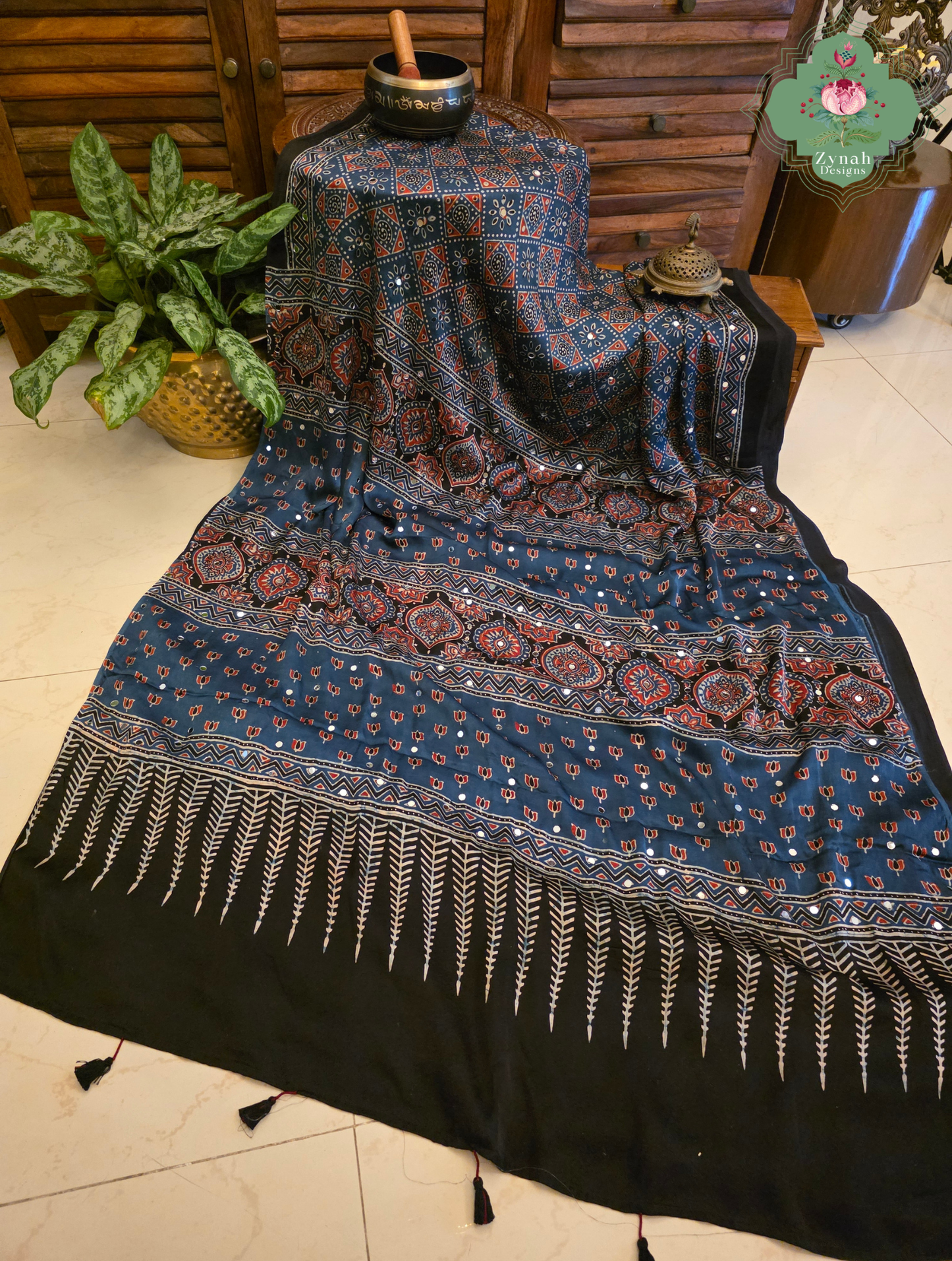 Dilkash Indigo Modal Silk Ajrakh Saree With Mirror Work