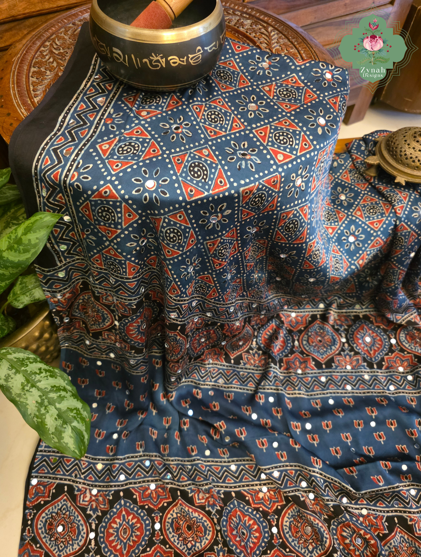 Dilkash Indigo Modal Silk Ajrakh Saree With Mirror Work