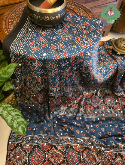 Dilkash Indigo Modal Silk Ajrakh Saree With Mirror Work