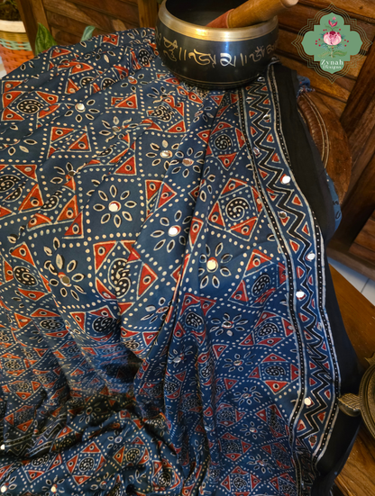 Dilkash Indigo Modal Silk Ajrakh Saree With Mirror Work