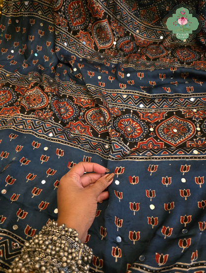 Dilkash Indigo Modal Silk Ajrakh Saree With Mirror Work