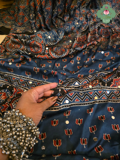 Dilkash Indigo Modal Silk Ajrakh Saree With Mirror Work