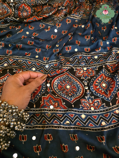 Dilkash Indigo Modal Silk Ajrakh Saree With Mirror Work