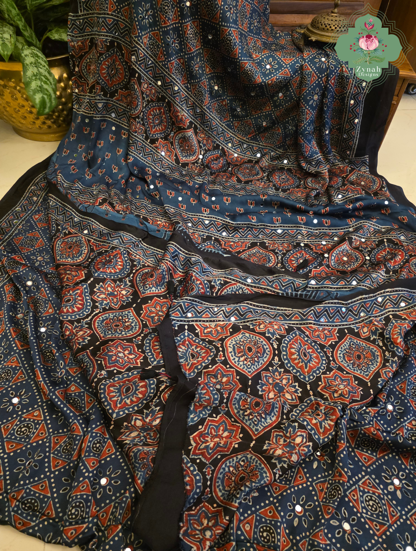 Dilkash Indigo Modal Silk Ajrakh Saree With Mirror Work