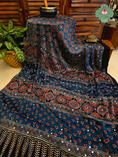 Dilkash Indigo Modal Silk Ajrakh Saree With Mirror Work