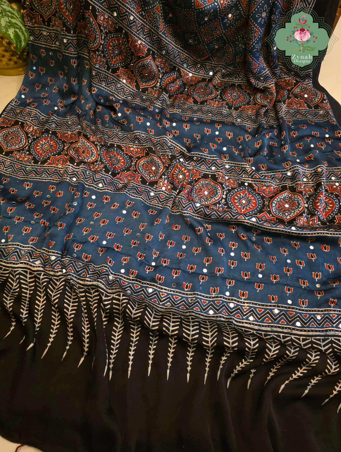 Dilkash Indigo Modal Silk Ajrakh Saree With Mirror Work