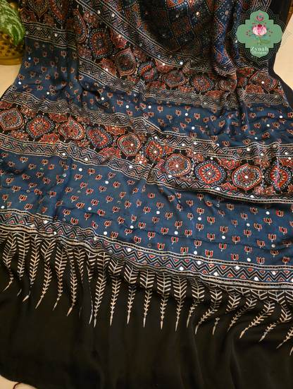 Dilkash Indigo Modal Silk Ajrakh Saree With Mirror Work