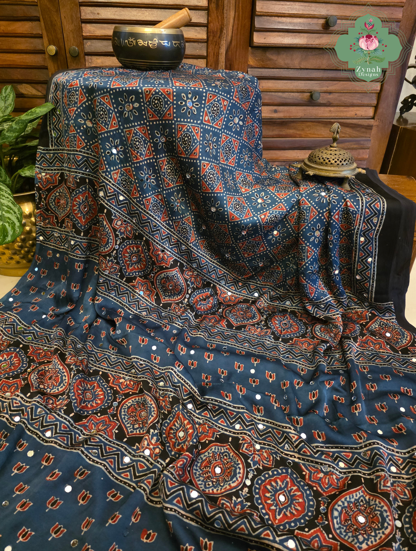 Dilkash Indigo Modal Silk Ajrakh Saree With Mirror Work